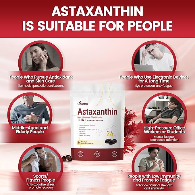 10 in 1 Astaxanthin Supplements 24mg 4 Month Supply Astaxantina Antioxidant from Fresh Haematococcus Pluvialis Contains Lycopene Grape Seed Vitamin E &amp More Supports Eye Joints Skin Health