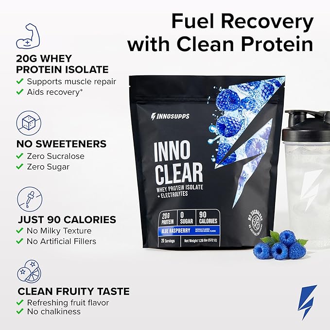 Inno Clear Whey Protein Powder - 20g Ultra-Filtered Clear Protein Powder Refreshing Taste &amp Texture Low Calorie Zero Sugar - for Training Workout Recovery &amp Daily Fitness (Blue Raspberry)