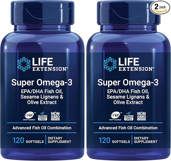 Life Extension Super Omega-3 EPA/DHA Fish OilSesame Lignans &amp Olive Extract – Cognitive HealthCholesterol Health SupportGluten-FreeNon-GMO120 Softgels(Pack of 2)