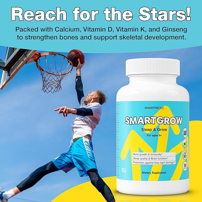 SMARTGROW Height Growth Supplement – Calcium Vitamin D3 L-Arginine – 5-in-1 Formula for Kids Teens Adults – Sleep Support Bone Strength Immunity Brain &amp Eye Health – 3 Month Supply