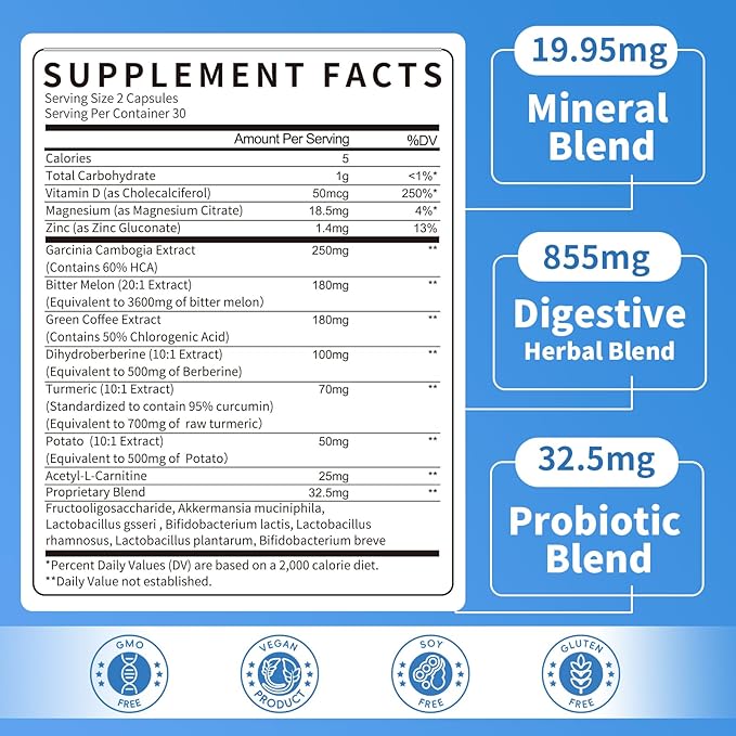 Gut Health Supplement w/BerberineGarcinia CambogiaBitter MelonGreen Coffee Probiotics Prebiotics -Supports Digestion Detox Energy &amp Immune Health for Women &amp Men 60 Vegan Capsules