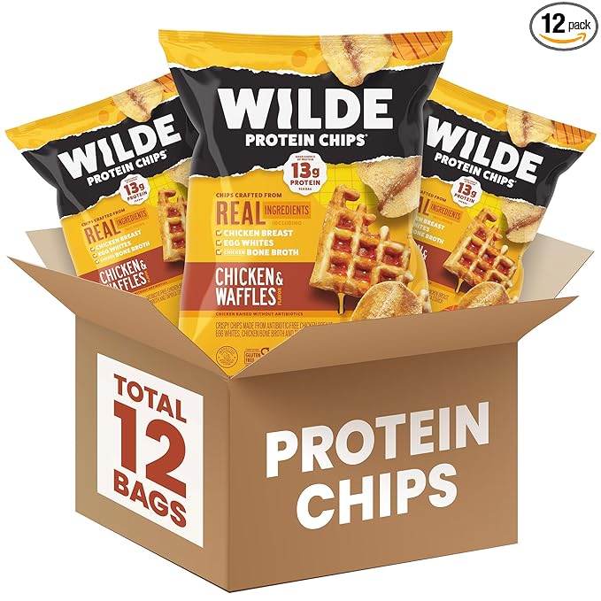 WILDE Protein Chips Chicken &amp Waffles High Protein Snacks for Adults Keto Chips Gluten Free Low Carb Snack Box Made with Real Ingredients 1.34oz Bags Pack of 12
