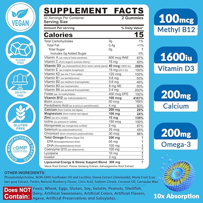 Methylated Multivitamin for Men Gummies Vegan Omega 3 CoQ10 Zinc Vitamin A C D3 K2 E B Complex Calcium Magnesium Lycopene - Liposomal Vitamins - Energy Immune Bone Brain Sugar Free 120 Cts
