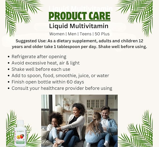 Go Healthy Liquid Vitamins for Women Men Teens | Vegan Vitamin &amp Mineral | High Absorption | Premium Liquid Multivitamin | Immune Support | Peach Mango - 32 Servings