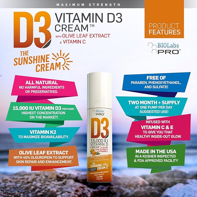 BIOLABS PRO All Natural Vitamin D3 15000IU Vitamin D Cream - Maximum Strength - Fight Vitamin D Deficiency Naturally - with Vitamin K2 &amp Olive Leaf Extract - Safe &amp Effective (15000IU - 3.0oz