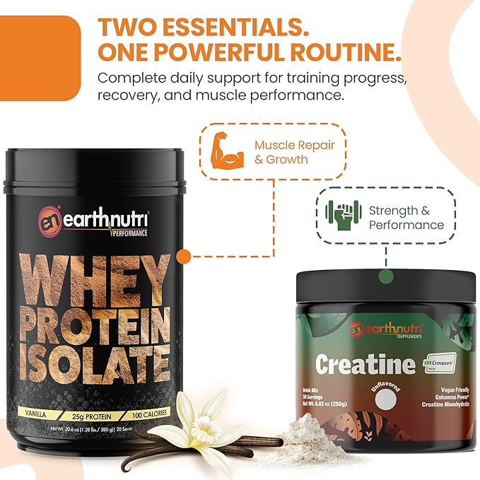 EarthNutri Whey Isolate Protein &amp Creatine Monohydrate Powder Bundle - Ideal for Men &amp Women Post Workout Regimen Endurance &amp Daily Fitness Routine - 25g Protein Vanilla Flavor &amp Un