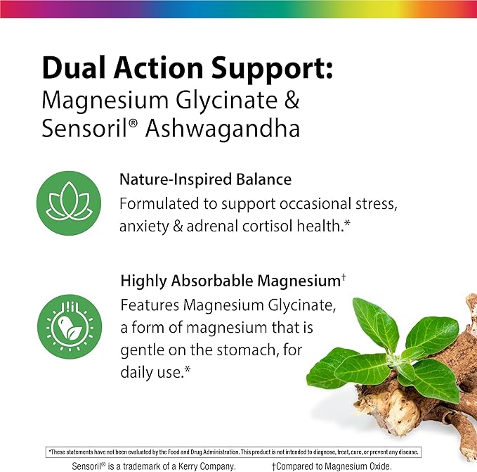 Rainbow Light Magnesium Glycinate + Ashwagandha | 120 Capsules | Dual Action Complex | Vegan Non-GMO and Gluten Free