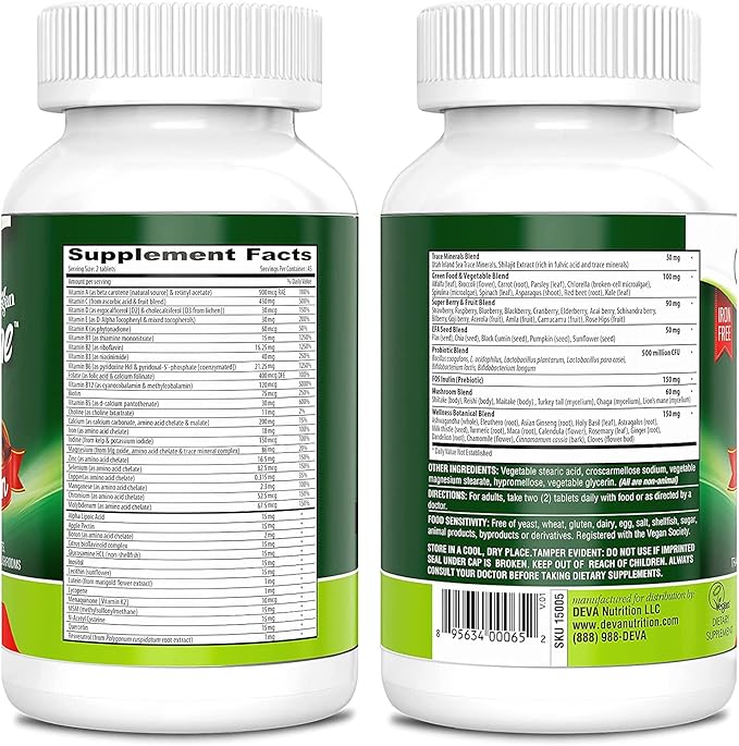 DEVA Tuba Prime Vegan Multivitamin High-Potency Vitamin and Mineral Dietary Supplement Antioxidants Fruit and Vegetable Blend Super Mushrooms Probiotics Prebiotics Seeds Herbs - 90 Tabs 2-Pack