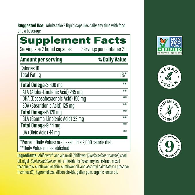 MegaFood Vegan Omega 3 6 9 - Burp-Less Supplement - 600 mg Plant-Based Omega 3 &amp 150 mg DHA Per Serving - Heart Brain Vision &amp Joint Support - Fish Oil Alternative - 60 Capsules 30 Servings