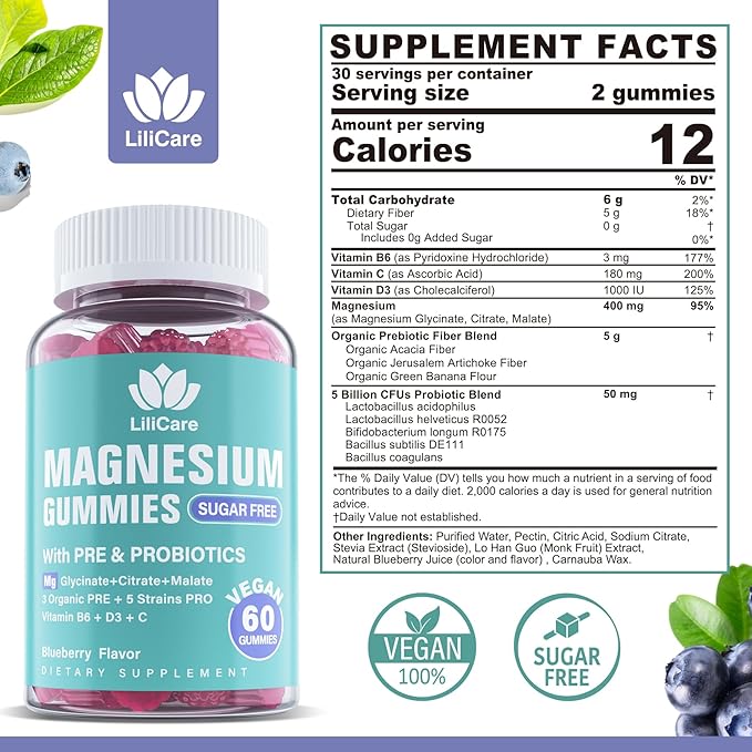 Magnesium Complex Gummies 400 mg for Women Men with Prebiotics and Probiotics Triple Calm Magnesium Glycinate Malate Citrate Gummy Supplement for Relaxation &amp Digestive Health-Sugar Free Vegan 1