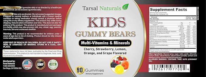 Multivitamin and Minerals 90 Gummy for Kids Bears Help Child’s Immune System Calcium and Vitamin D Strong Bones Free of Artificial Flavors Made in USA Gluten Free FDA Registered Facility cGMP