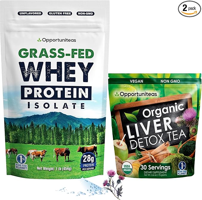 Opportuniteas Grass Fed Unflavored Whey Protein &amp Liver Detox Matcha Tea - Support Your Muscles While Cleansing Your Liver - Bundle