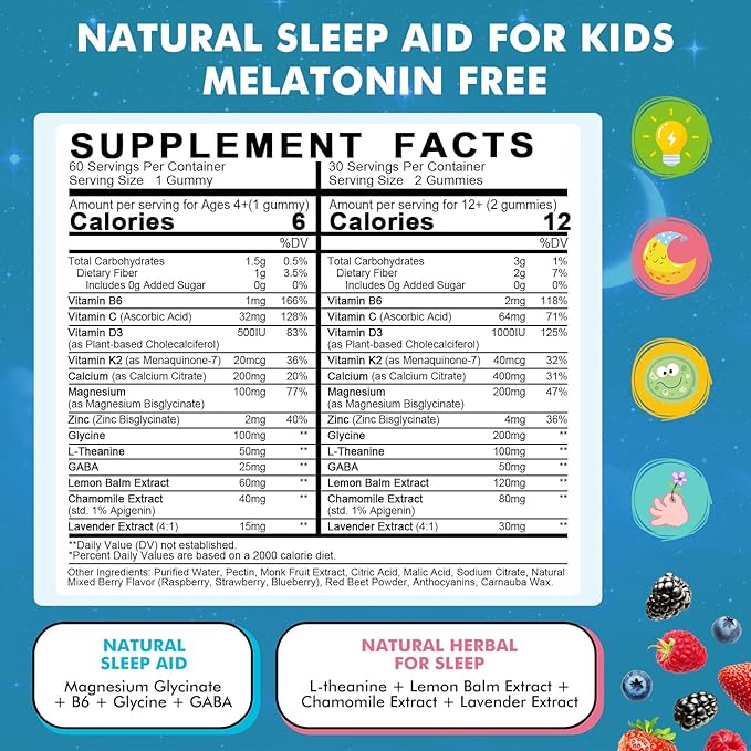 Kids Sleep Gummies with Magnesium Glycinate – Melatonin Free Bedtime Support for Kids – Calm &amp Relaxation with L-Theanine GABA Chamomile &amp Lemon Balm – Sugar Free Mixed Berry Flavor 60 Gumm