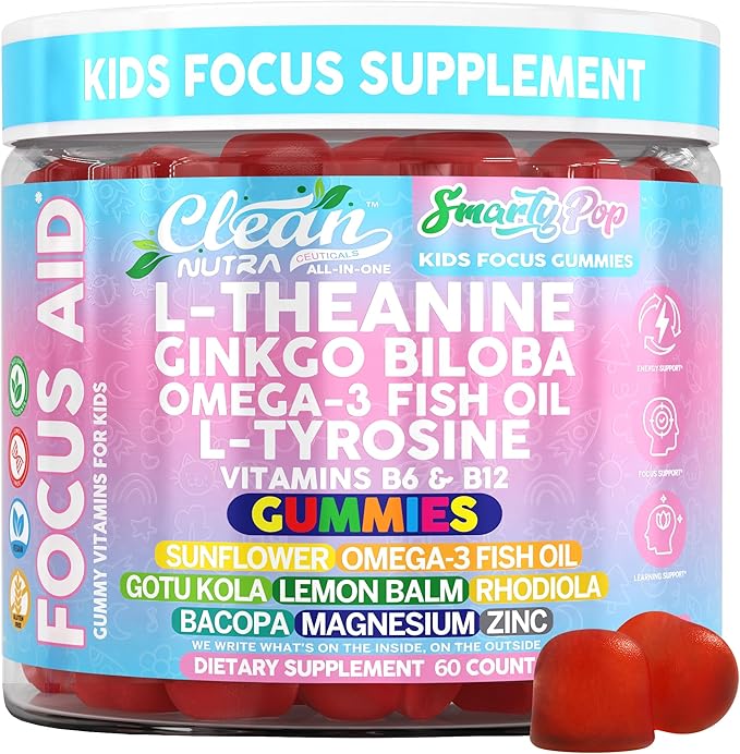 Clean Nutra Kids Focus Gummies with L-Theanine Ginkgo Biloba Omega-3 Fish Oil L-Tyrosine Vitamin B6 B12 – 60 Count Clean Label Non-GMO Vegan-Friendly SmartyPop Formula for Kids Support