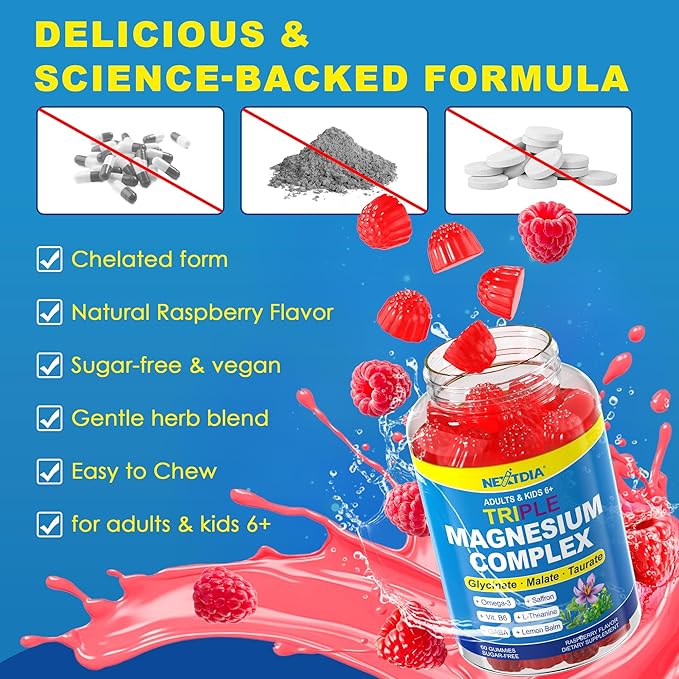 Magnesium Glycinate Gummies + Omega-3 Saffron for Kids 6+ &amp Adults Kids Focus Calm Magnesium Gummies Sugar Free Triple Magnesium Complex 500mg/250mg - Glycinate Malate Taurate Theanine