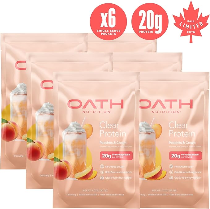 Oath Nutrition Clear Whey Isolate Protein Powder Peaches &amp Cream 20g Complete Protein per Serving No Added Sugar Grass-Fed Single Serving (6 Count)