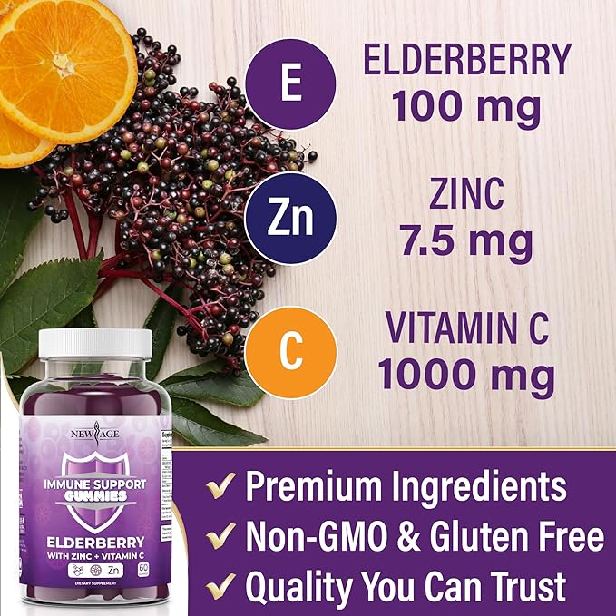 NEW AGE Immune System Support Gummies - Sambucus Black Elderberry Gummies with Vitamin C and Zinc (120 Count (Pack of 2))