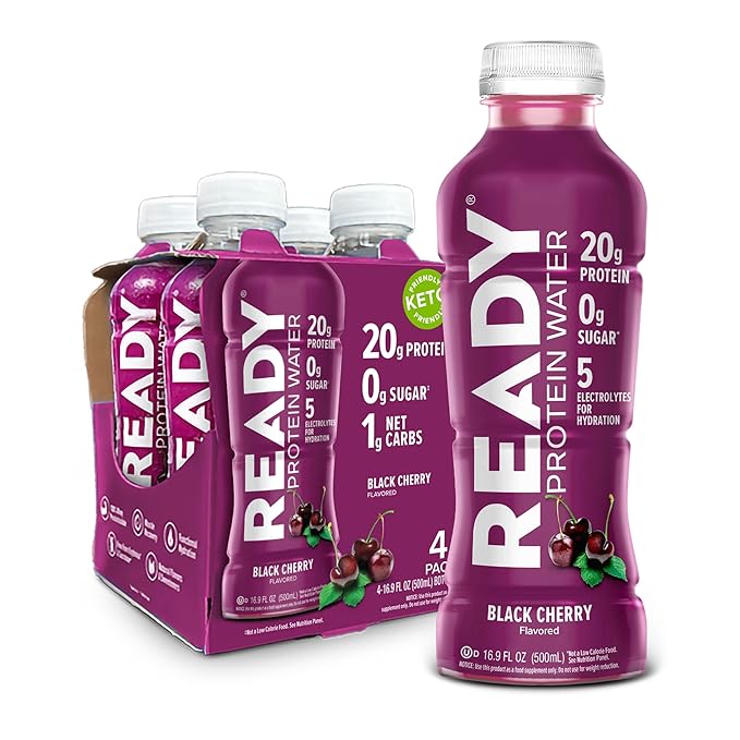 Ready® Clear Protein Water - 20g Whey Protein Isolate Zero Sugar Low-Calorie Sports Drink for Hydration &amp Recovery - Electrolytes Essential Amino Acids - 8CT Total - 4CT Black Cherry x2 16.9 f