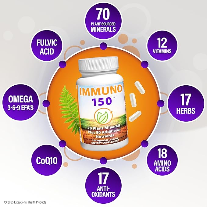 Immuno 150 Immune Support Supplement Packed with 70 Plant Minerals 13 Essential Vitamins and 68 Additional Nutrients-150 Vegetable Capsules- Immune Boost for All Age Groups