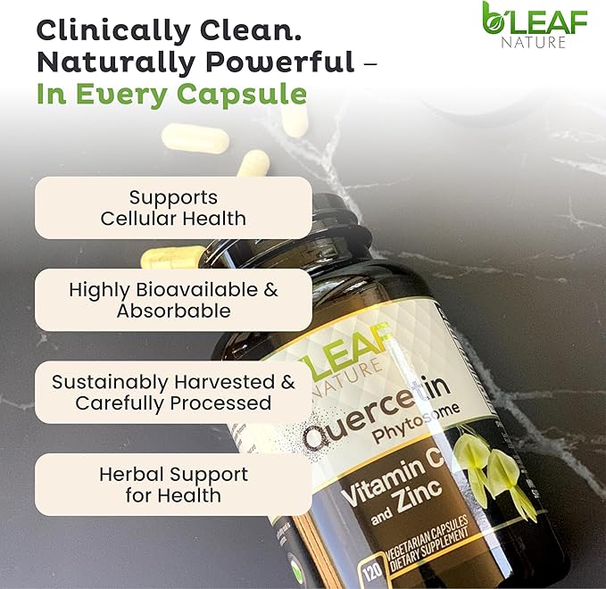 B'LEAF NATURE Quercetin Phytosome 120 Capsules – 1000mg High Absorption Quercetin with Vitamin C and Zinc – Non-GMO Vegetarian Quercetin Supplement for Immune Energy and Seasonal Support