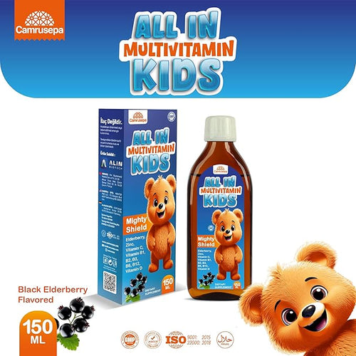 All in Multivitamin Kids Syrup – Black Elderberry Flavored Inositol Zinc Vitamin C Daily Liquid Multivitamin for Kids Immune Growth Appetite Energy – 150 ml / 5 fl oz