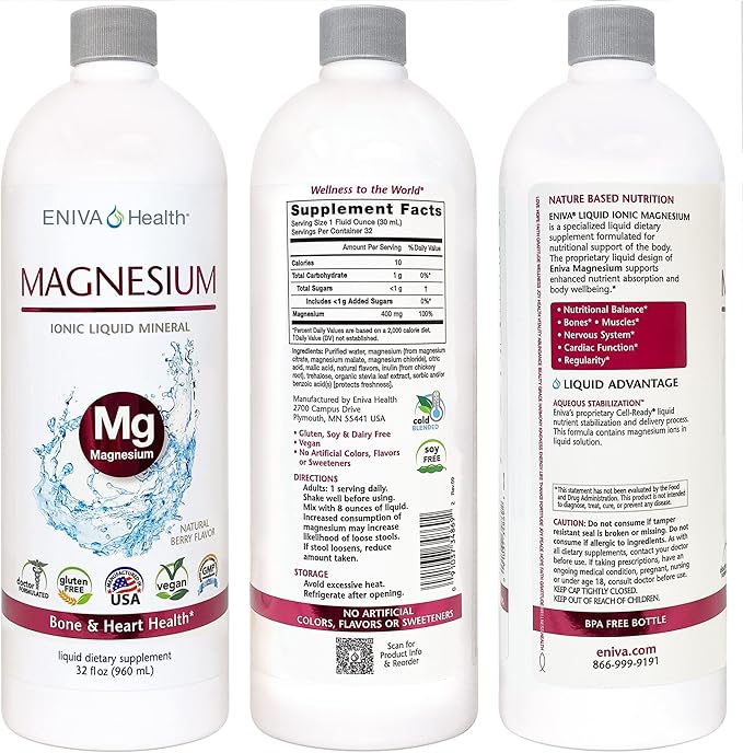 Liquid Ionic Magnesium Supplement (32oz) Digestive Health Muscle Energy and Bones. Doctor Formulated. Zero Calories. Zero Sugar. by Eniva Health.