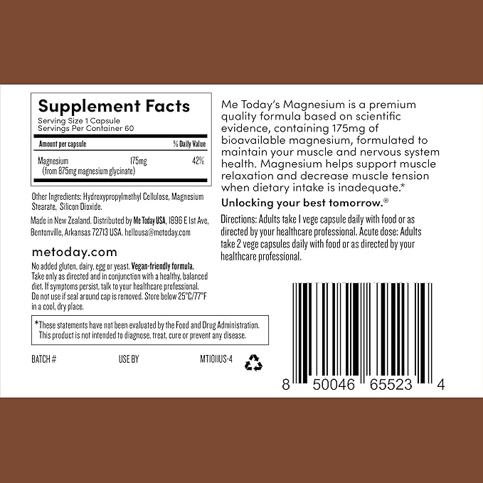 Me Today Magnesium Glycinate Supplement – 175mg High Absorption Magnesium Glycinate Capsule for Muscle Recovery Nervous System Support Sleep &amp Relaxation – Vegan Non-GMO 60 Servings.