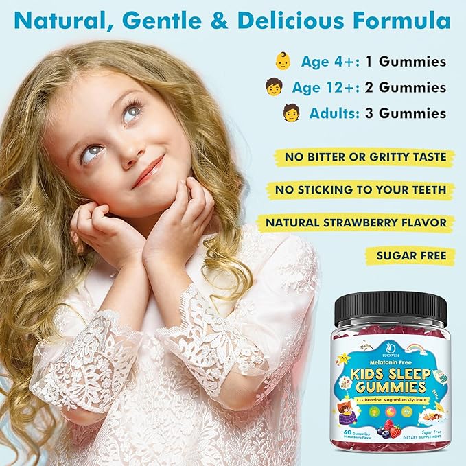 Kids Sleep Gummies with Magnesium Glycinate – Melatonin Free Bedtime Support for Kids – Calm &amp Relaxation with L-Theanine GABA Chamomile &amp Lemon Balm – Sugar Free Mixed Berry Flavor 120 Gum