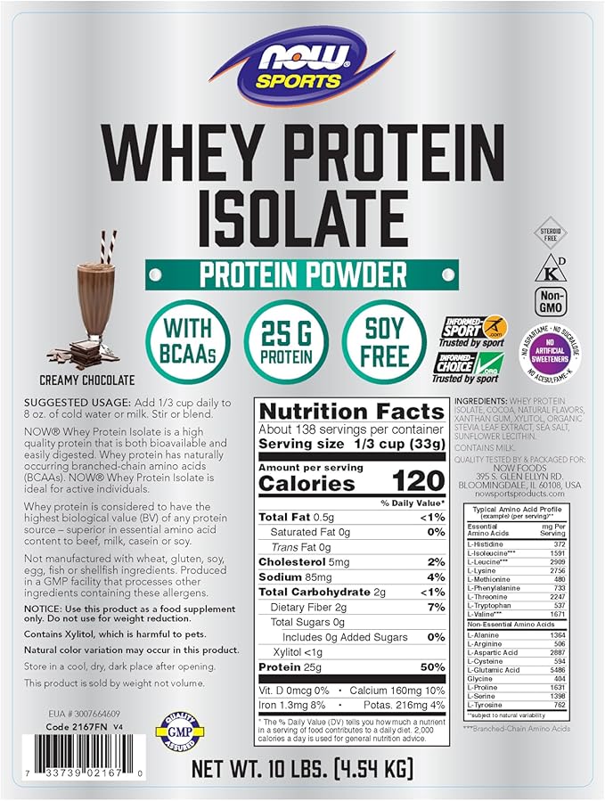 NOW Foods Sports Nutrition Whey Protein Isolate 25 g With BCAAs Creamy Chocolate Powder 10-Pound