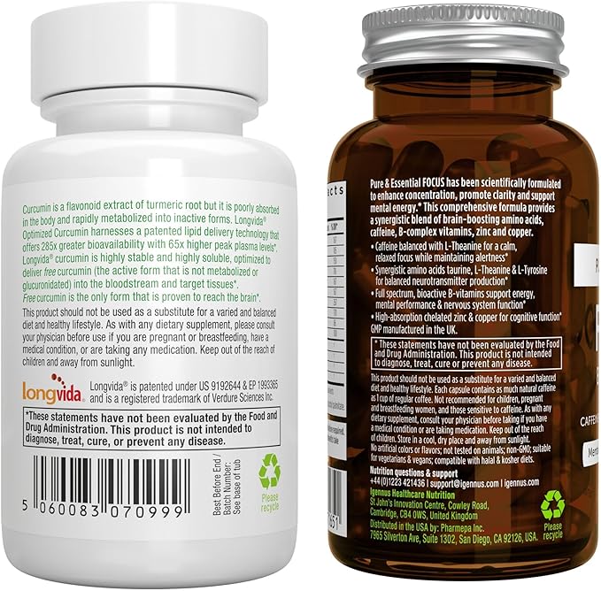Longvida Lipidated Curcumin 500mg + Focus Brain Booster Vegan Bundle Ultra Bioavailable Curcumin + Caffeine L-Theanine Taurine &amp L-Tyrosine B-Vitamins Zinc &amp Copper by Igennus
