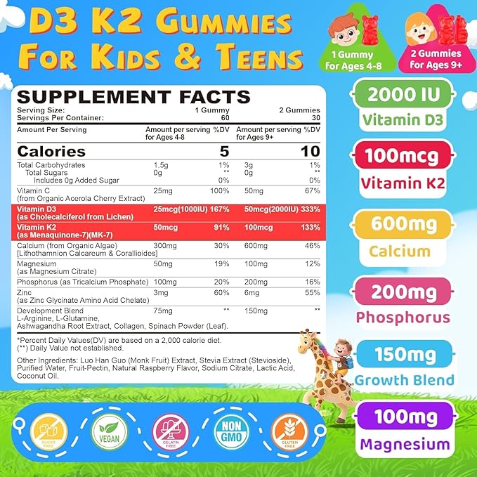 Vitamin D3 K2 Gummies for Kids + Calcium Magnesium Zinc Phosphorus Vitamin C Kids Multivitamin D3 &amp K2 Supplement for Bṏne Health Calcium Absorption Focus &amp Immunity Non GMO Sugar Fre