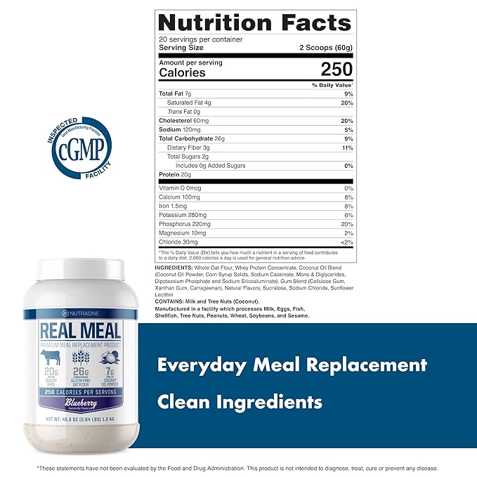 Real Meal by NutraOne - Perfect Meal Replacement Powder for Everyday Goals | Including Whey Protein Coconut Oil and Gluten-Free Oats* (Blueberry – 2.6 lbs.)