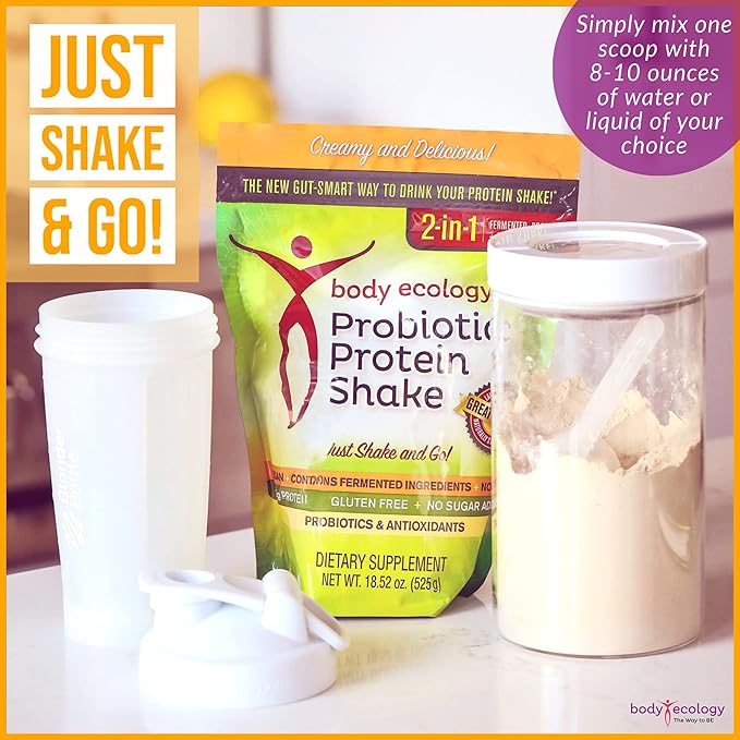 Body Ecology Probiotic Protein Shake Powder | Fermented Protein Dietary Supplement | Non-GMO | Gluten Free | Soy Free | No Sugar Added | 15g of Protein | Protein Powder | Resealable 18.52 OZ