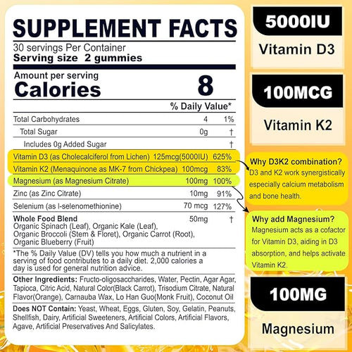 2 Pack Vegan Vitamin D3 5000IU K2 Gummies+ 1 Pack Whole Food Vitamin C Gummies