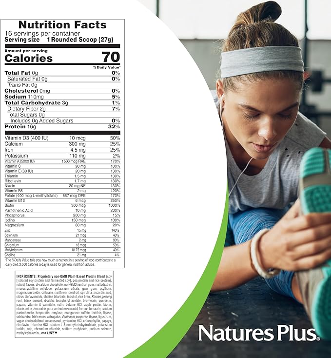 NaturesPlus Energy Shake - 0.95 lb - 16 Grams of Plant-Based Protein Per Serving - Contains Digestion-Supporting Enzymes - No Added Sugar - Non-GMO Vegetarian Gluten Free - 16 Servings
