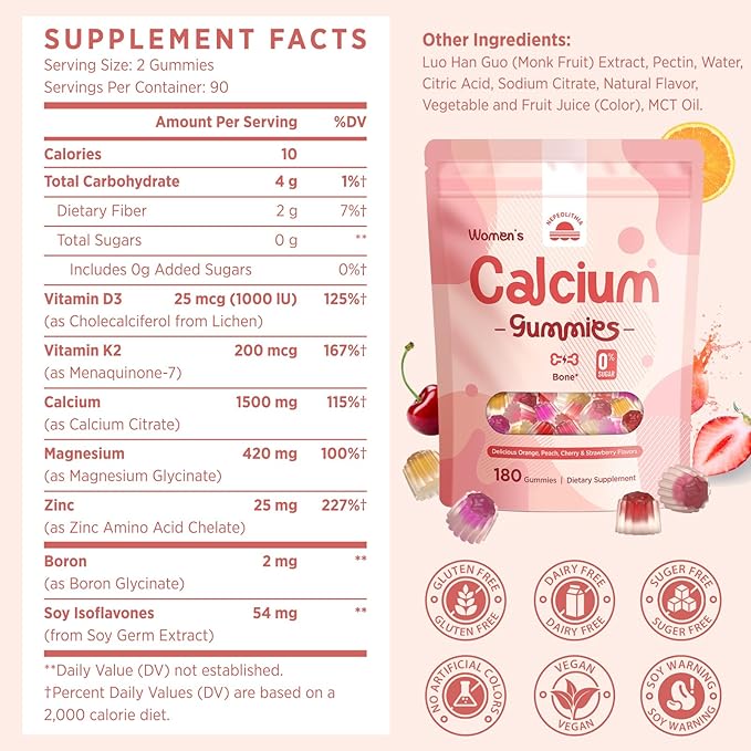 Calcium Gummies for Women – 1500mg Calcium Citrate with Vitamin D3 K2 Magnesium Zinc Boron &amp Soy Isoflavones – Calcium Supplement Vegan Zero Sugar Mixed Fruit Flavors 180 Count
