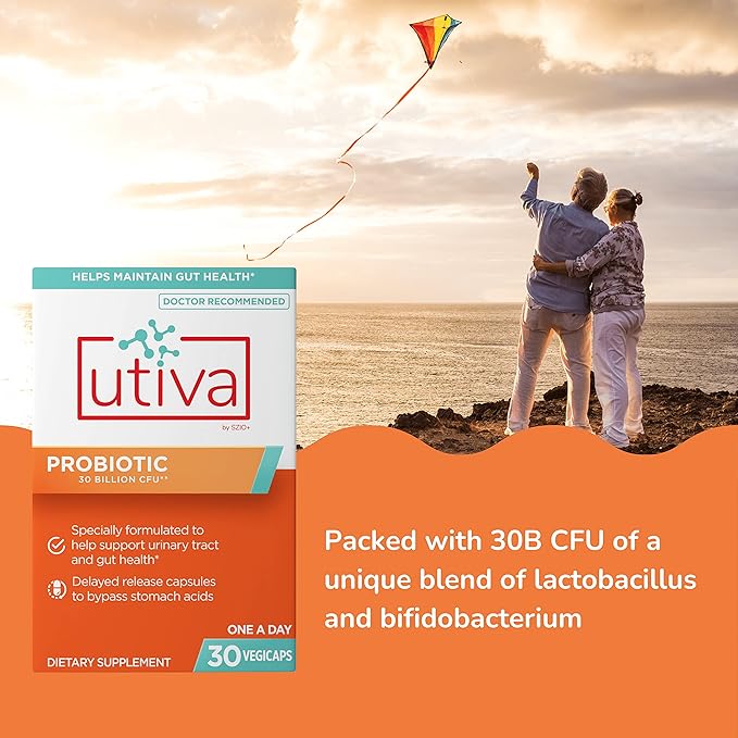Szio+ Utiva Probiotic – Urinary Tract and Gut Health Supplement – 12 Billion CFU Lactobacillus &amp Bifidobacterium Probiotic for Men and Women 30 Delayed Release Vegi Capsules