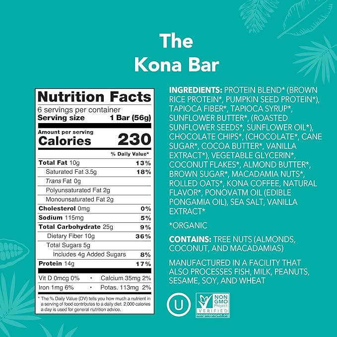 ALOHA Organic Plant Based Protein Bars | The Kona Bar - Special Edition | 6 Count 1.98oz Bars | Vegan Low Sugar Gluten Free Paleo Low Carb Non-GMO Stevia Free Soy Free No Erythritol