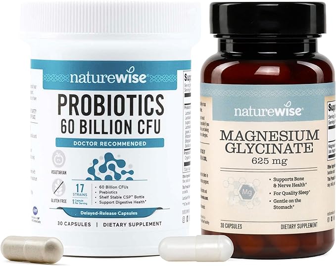 NatureWise [1] Probiotics 60 Billion CFU + Organic Prebiotics - 30 Capsules[1-Month Supply] + [1] Magnesium Glycinate 625mg - Chelated Magnesium - 30 Capsules[30-Day Supply]