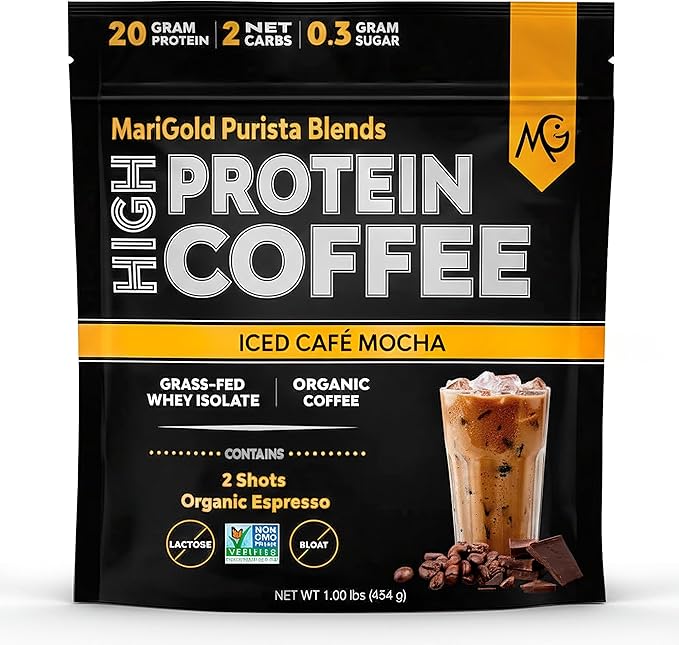 MariGold High Protein Coffee - Iced Café Mocha 20g Grass Fed Whey Protein Isolate Energy &amp Workout Boost 2 Shots Organic Espresso Non-GMO 2 Net Carb 1 Lb Bag 15 Servings