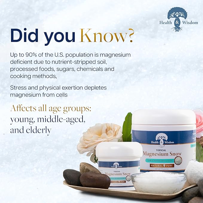 Health and Wisdom Magnesium Snow - Fine Magnesium Carbonate Powder for Face Body and Oral Care - Enhanced Absorption to Tone Smooth and Tighten Skin - 2.65 oz