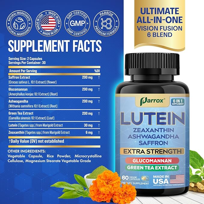 Lutein Supplement with Zeaxanthin Ashwagandha Saffron Green Tea Extract Glucomannan Eye Vitamins for Adults Vision Health Supplement Plant-Based Formula for Daily Support (60 Caps)