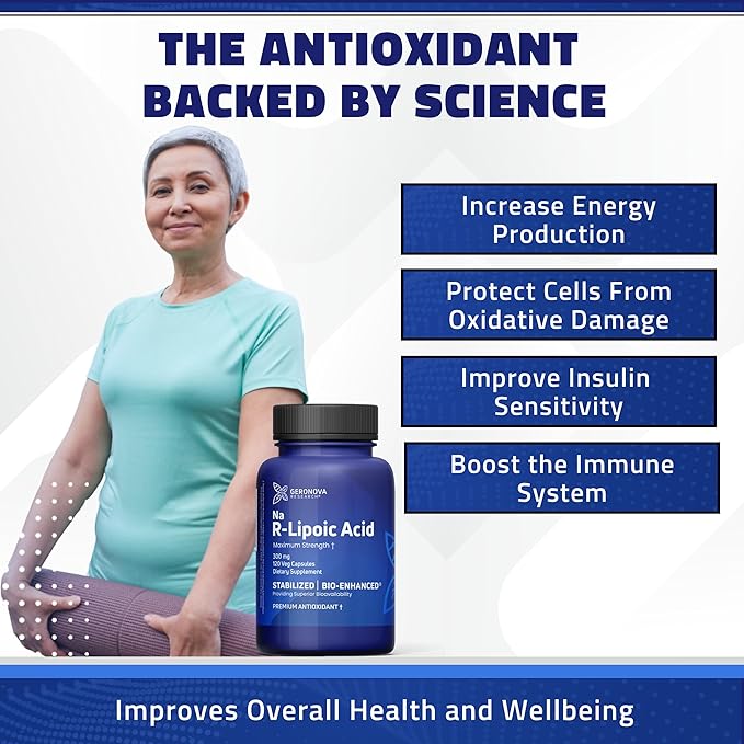 Geronova Research Bio-Enhanced R-Lipoic Acid 300 mg Capsules - 4 Month Supply - Stabilized R Alpha Lipoic Acid with Enhanced Absorption - R Lipoic Acid Supplement - 120 Count