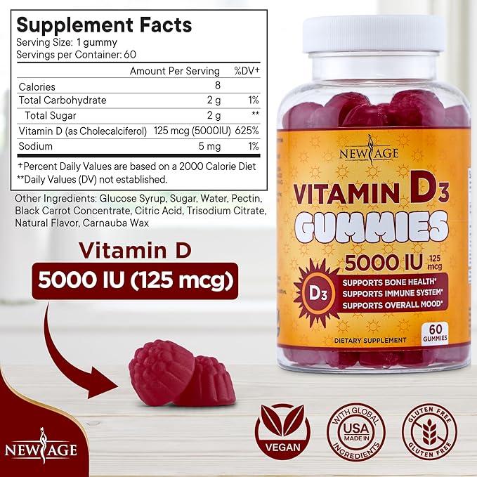 NEW AGE Vitamin D3 5000 IU 125mcg Gummies - Immune Supplement - Non-GMO Gluten-Free Dairy-Free No Gelatin (180 Gummies (Pack of 3))
