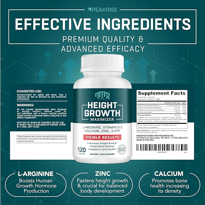 Height Growth Maximizer Calcium Vitamin D3 and Zinc Blend Pills Bone Growth Supplement for Kids and Teens Bone Strength Density Support GMO-Free Gluten-Free Made in USA 120 Caps