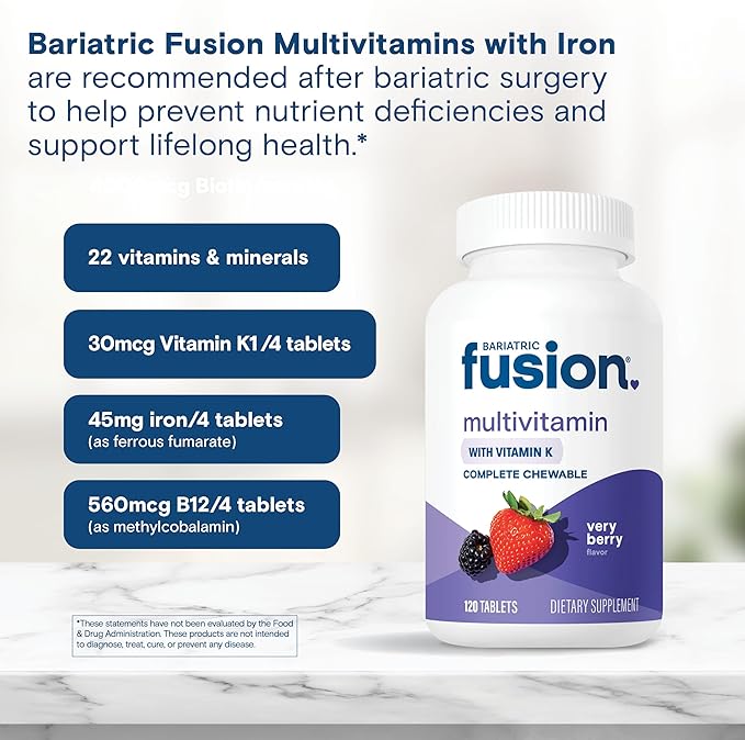 Bariatric Fusion Very Berry Complete Chewable Bariatric Multivitamin with Iron and Vitamin K for Bariatric Surgery Patients Including Gastric Bypass and Sleeve Gastrectomy - 120 Tablets