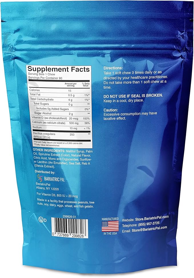 BariatricPal 30-Day Bariatric Vitamin Bundle (Multivitamin ONE 1 per Day! with 45mg Iron Chewable - Orange Citrus and Calcium Citrate Soft Chews 500mg with Probiotics - Blue Raspberry)