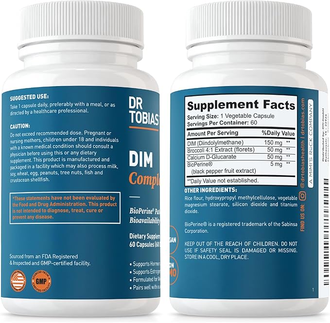 Dr. Tobias Omega 3 Fish Oil and DIM Complex Supplements Supports Heart Brain Immune Function and Hormone Balance for Women &amp Men with BioPerine Borccoli Extract &amp Calcium D-Glucarate 60 Ca