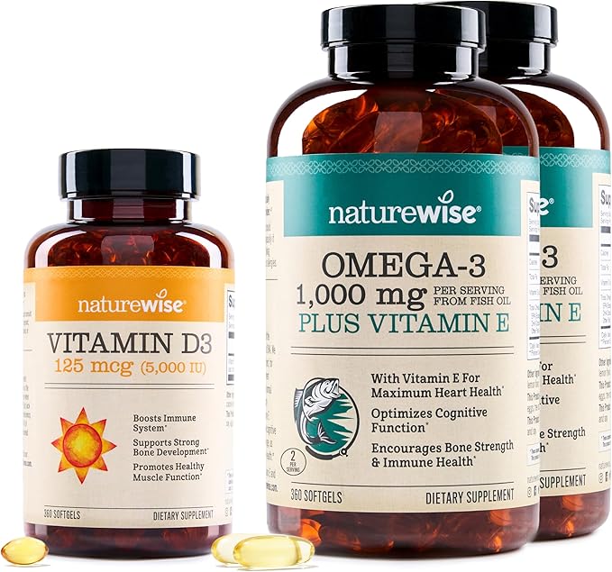NatureWise [1] Vitamin D3 5000iu + Organic Olive Oil - 360 Mini Softgels[360-Day Supply] + (Pack of 2) Omega3 Fish Oil 1000mg + Vitamin E - Wild-Caught - 360 Softgels[180-Day Supply]
