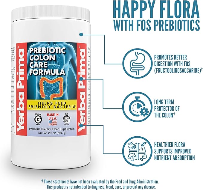 Yerba Prima Prebiotic Colon Care Formula 20 oz Powder with FOS - Natural Psyllium Fiber Magnesium Selenium - Non-GMO Gluten Free Vegan Daily Supplement - for Men &amp Women
